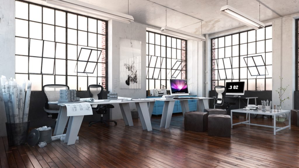 open office space with large windows, natural light