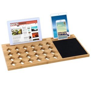 laptop lap desk with bamboo surface and multiple smart device slots