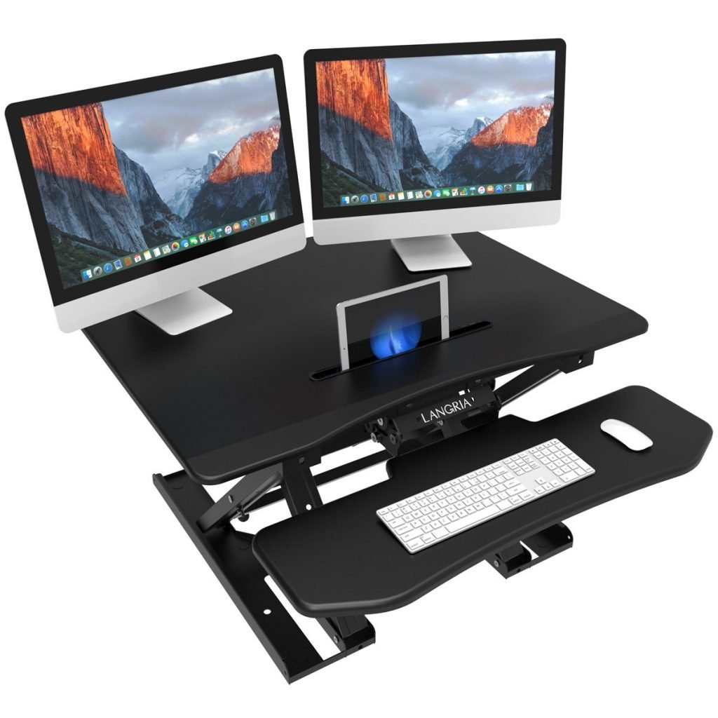 langria standing desk with ipad slot, two imac monitors