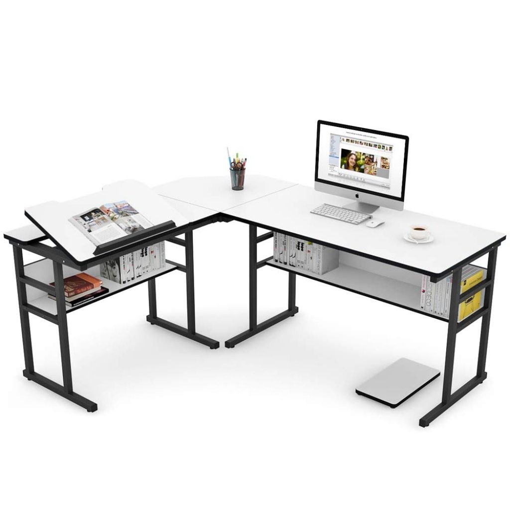 Tribesigns Modern L-Shaped Desk with Bookshelf and drafting table