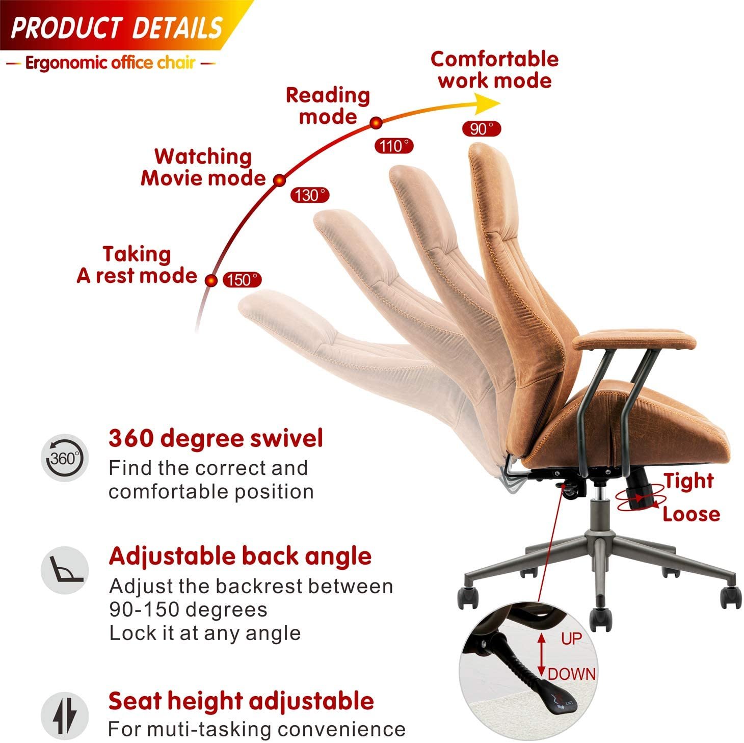 ovios reclining office chair product detail