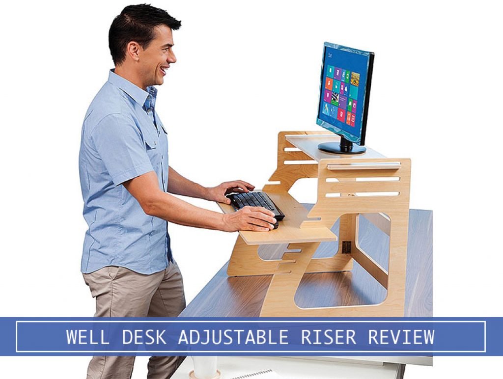 featured image of man with monitor, keyboard and mouse on the well desk adjustable riser