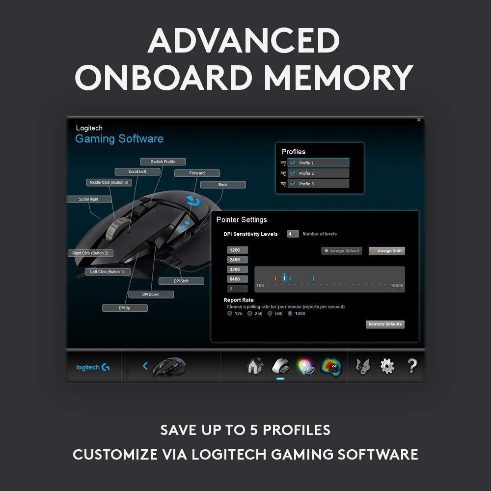 Logitech G502 HERO High Performance Gaming Mouse Image 4 with advanced onboard memory description